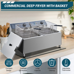 1700W 11L Electric Deep Fryer Commercial Stainless Steel Dual Basket Drain Valve