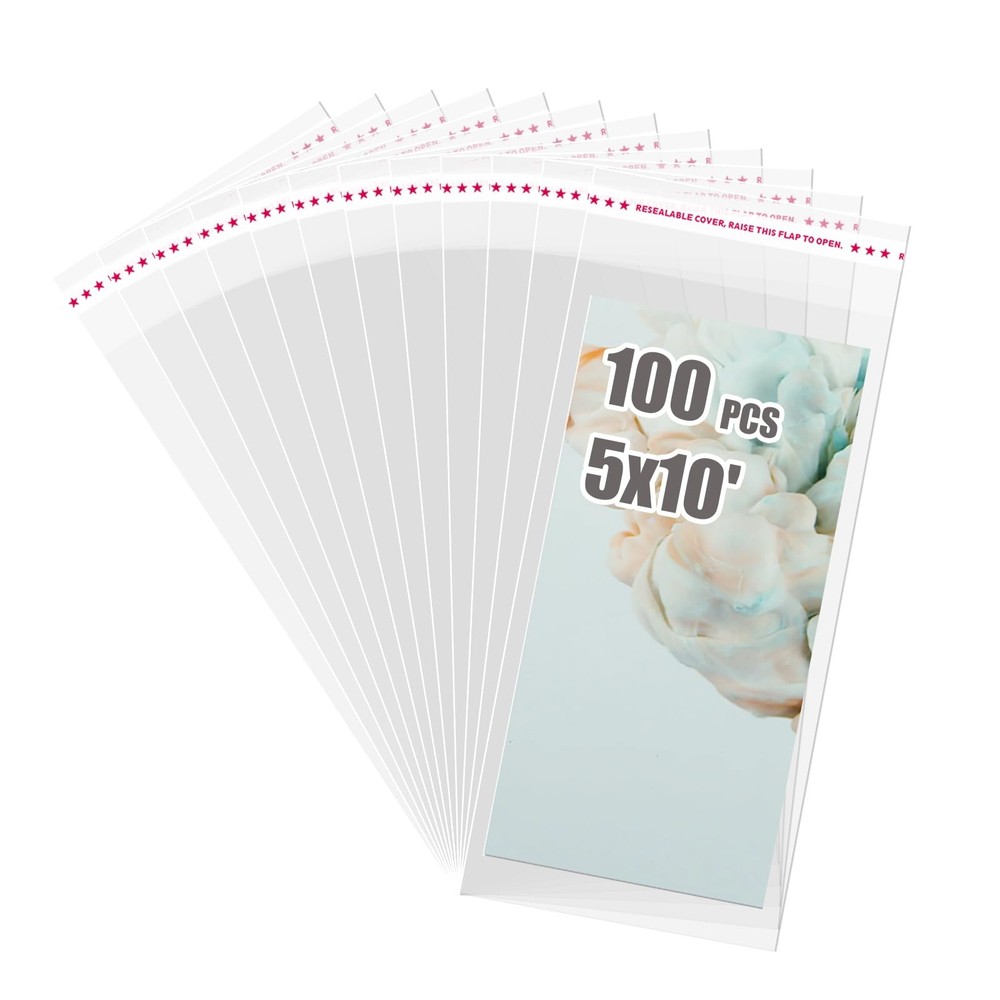 100 PCS 5×10-inch Self Sealing Cellophane Bags Clear Resealable Sleeves