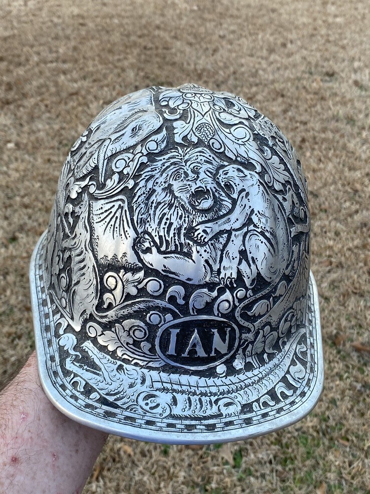 VINTAGE HAND ENGRAVED ALUMINUM McDONALD HARD HAT INDONESIA JUNGLE ANIMALS ART