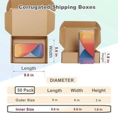50 Pack Brown Corrugated Shipping Boxes 9x6x2 Inches