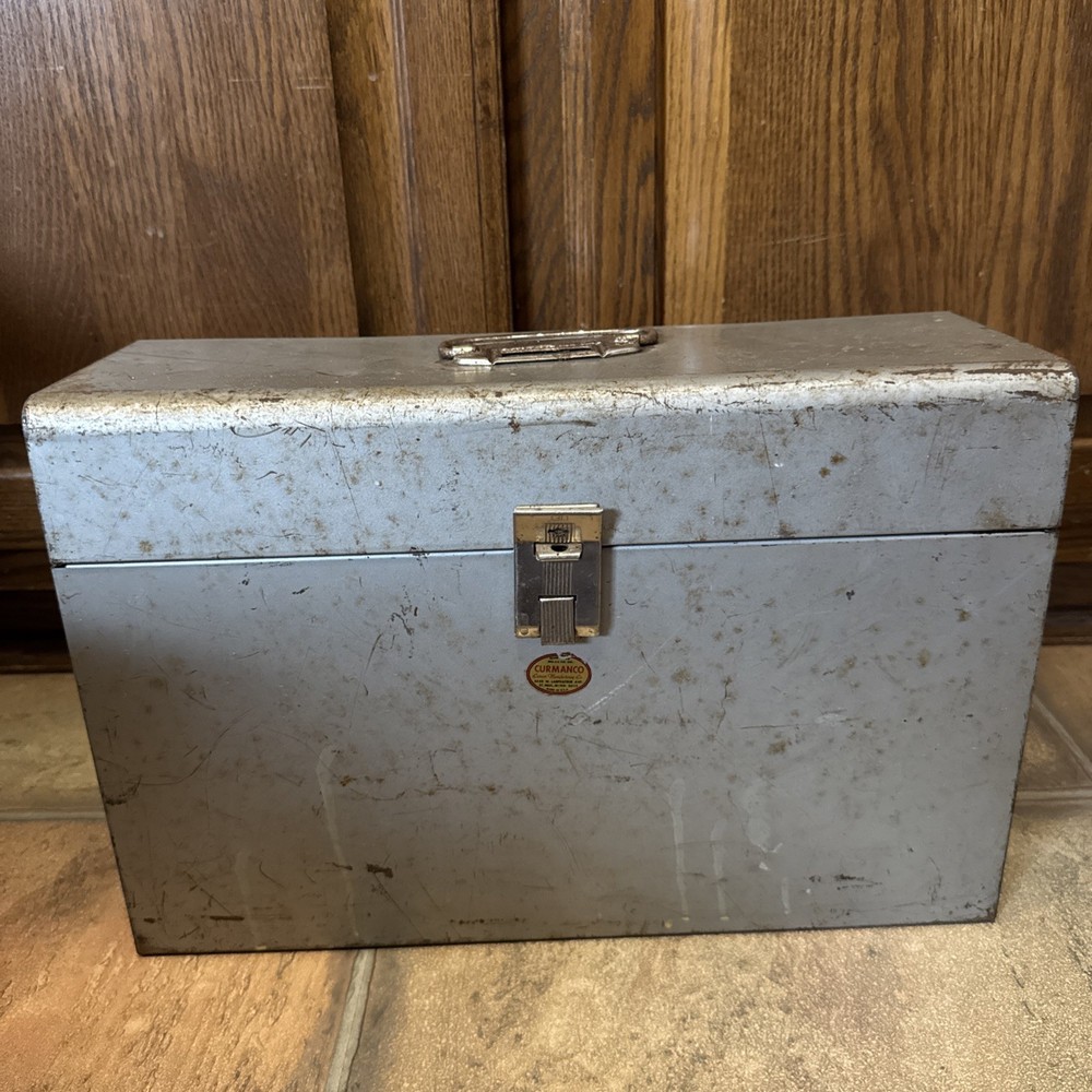 Vintage Metal File Box Curmanco USA 12×5.5×10 Gray Steel Metal Latch Worn Sturdy