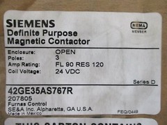 NEW Siemens 42GE35AS767R Definite Purpose Contactor 24V-DC Coil 3P 90A 3PH 60-Hp