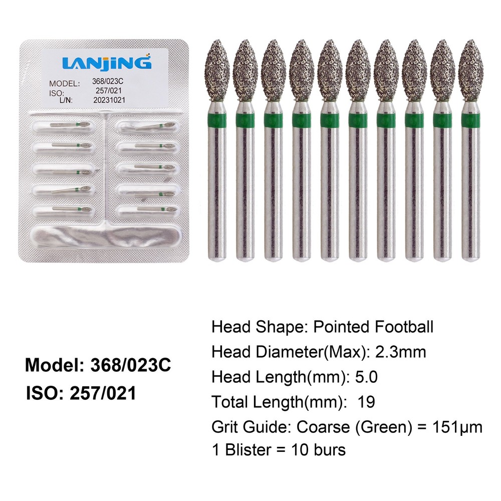 Dental Diamond Football Burs FG 368/023C Coarse Green High Speed Friction Grip
