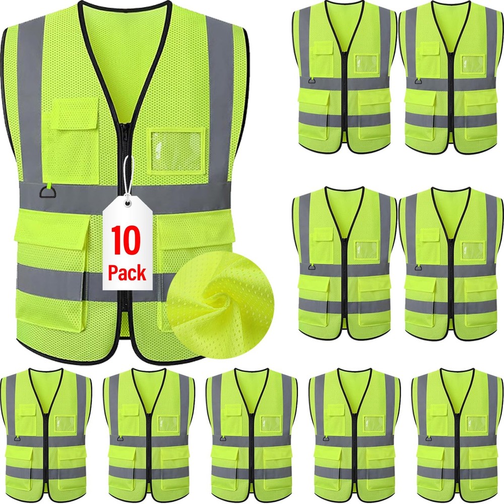 10 Pack Reflective Mesh Safety Vest, Breathable Hi Vis Vest Construction Work…