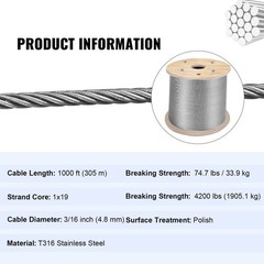 VEVOR T316 Stainless Steel Cable 3/16″x1000ft Wire Rope Cable Railing 1×19