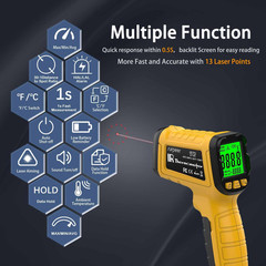 Infrared Thermometer Pyrometer Temperature Gun -58°F to 1796°F, 50:1 Distance