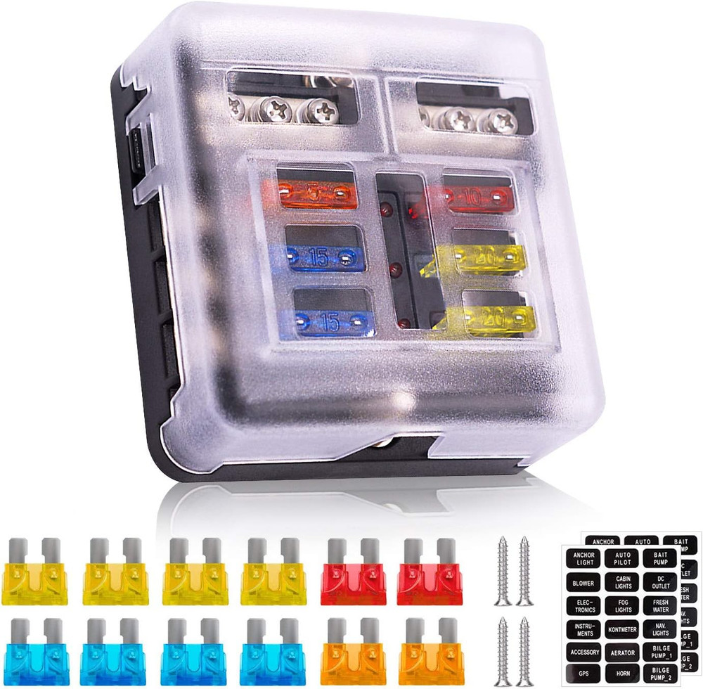 6 Way 12V Fuse Box 12Volt Blade Fuse Block, 6 Circuit W/Negative Bus Waterproof