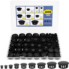 200Pcs 9 Sizes Nylon Plastic Hole Plugs Black Round Hole, Flush Type Panel