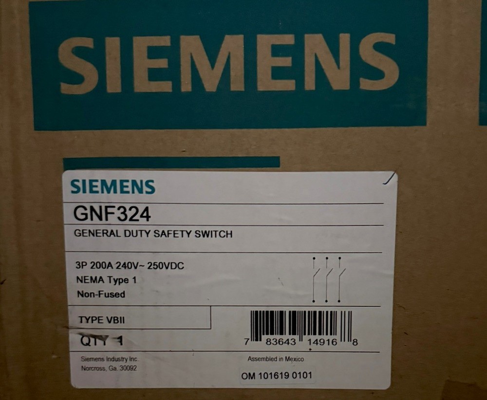 Siemens GNF324 General Duty 200A 3 Pole Non Fusible Safety Switch Disconnect