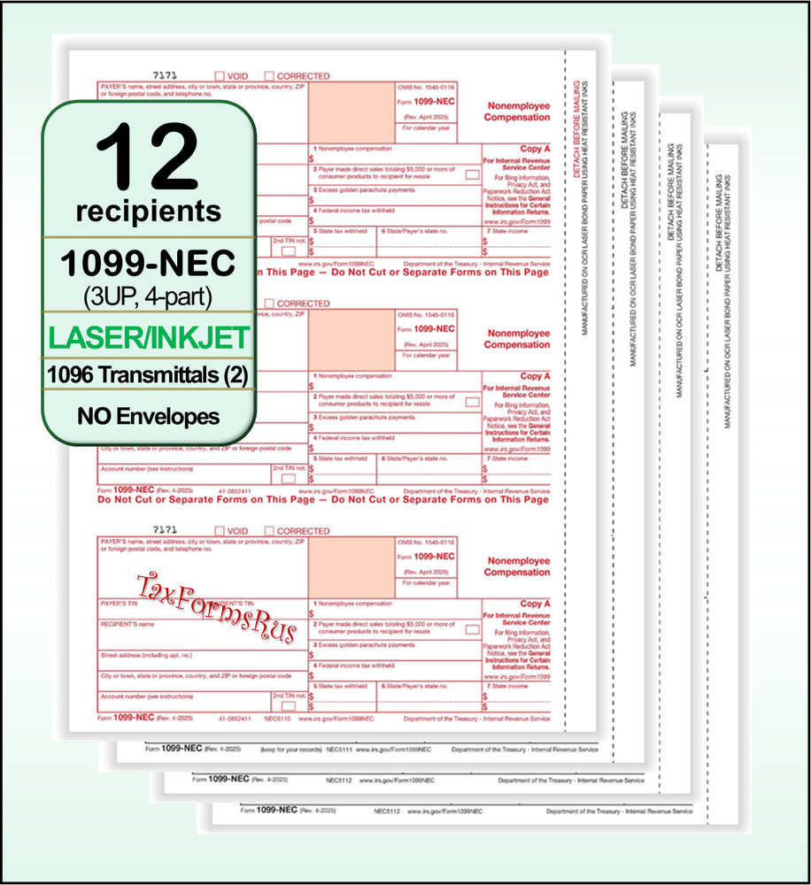 2025 IRS Tax Form 1099-NEC Laser 12 recipients+(2)1096 #N6103 – 3UP 4pt NO Env