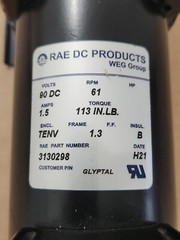 *NEW* Rae Corporation 3130298 DC Motor 90Vdc 61Rpm 1.5A 113 In.Lb TENV +Warranty