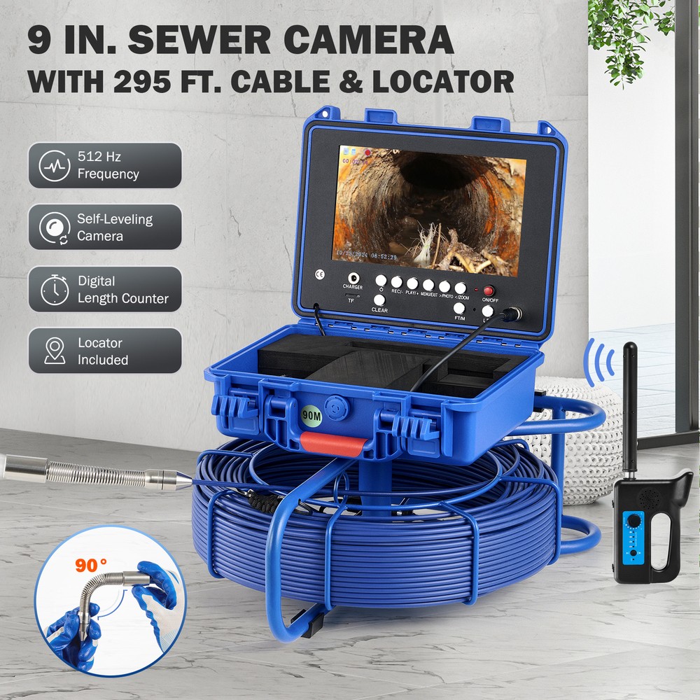 9″ Self-Leveling Sewer Camera w 512Hz Locator 295ft/90m Meter Counter 720P 32GB