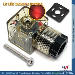 DIN 43650 AC Type-A 3 Prong Solenoid Connector Plug w/LED Light for AC 110 220v