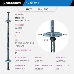 Sandbaggy 8″ x 1 ⅝” Standard Snap Ties for Concrete Forms – 1″ Cup Loose Washer