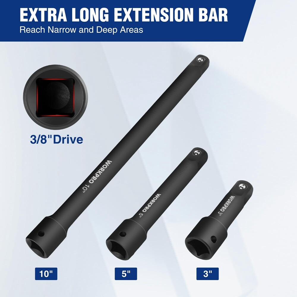 3-PCS 3/8″ Drive Impact Extension Bar Set 3” 5” and 10” Length Socket Extensions