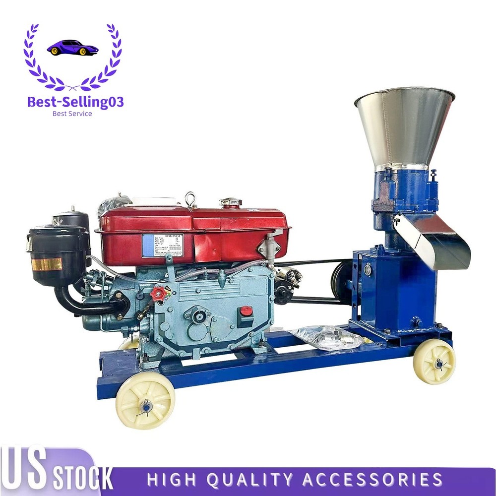 160 Feed Pellet Mill 3-Roller 8HP Diesel Engine 2.5/3/4/5/6/8mm Dies Animal Feed