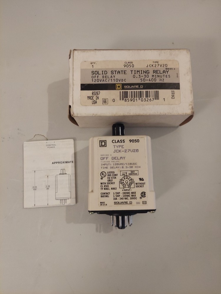 SQUARE D 9050JCK27V20 Time Delay Relay, 120VAC, 10A, DPDT, 0.3-30 Min., Ser.H