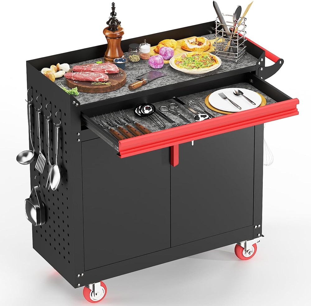Metal Grill Cart，Outdoor Grill Cart with Storage,Grill Table with Wheels,Outdoor