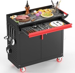Metal Grill Cart，Outdoor Grill Cart with Storage,Grill Table with Wheels,Outdoor