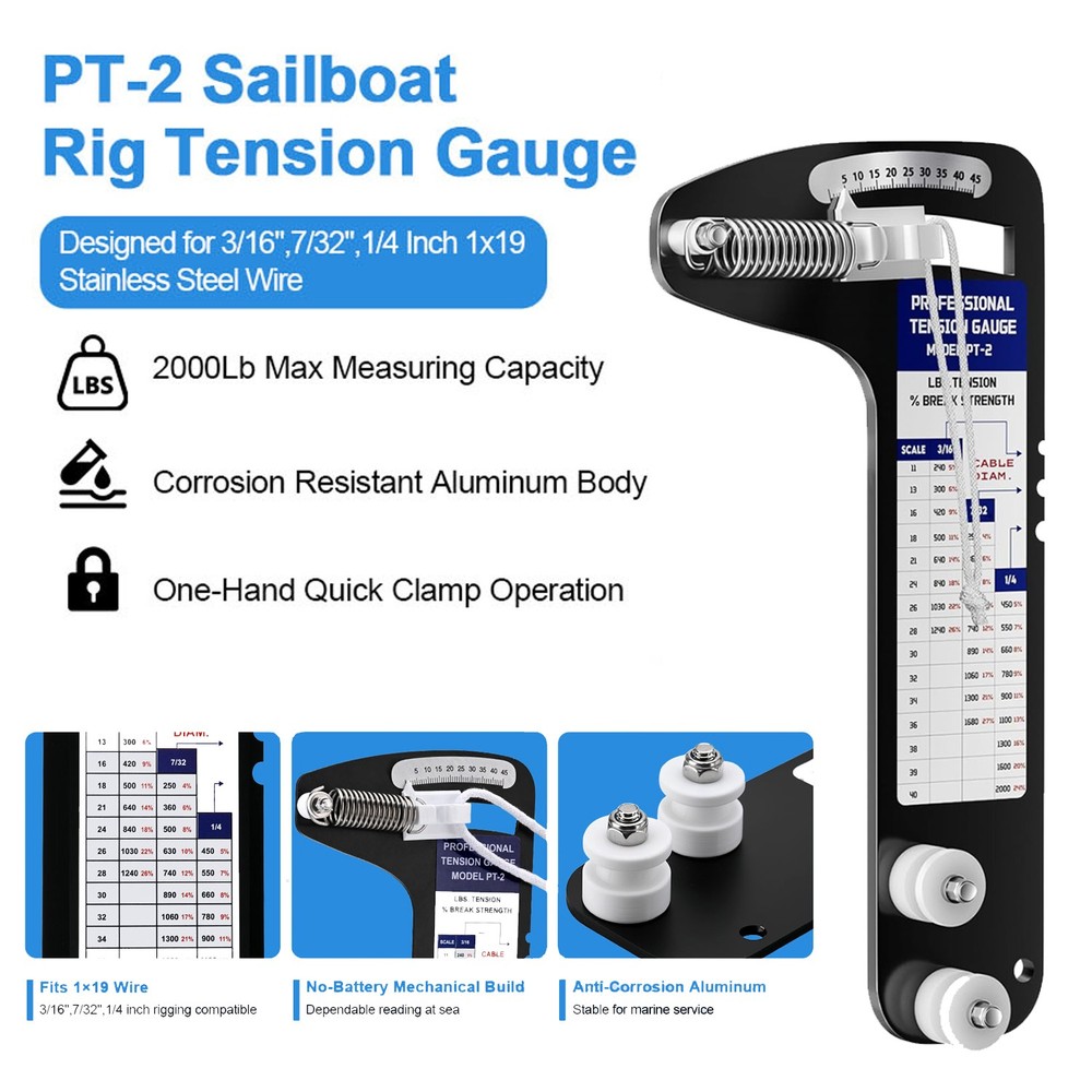 Sailboat Rigging Tension Gauge PT-2, 1500LB Max Load, Fits 3/32in 1/8in 5/32in