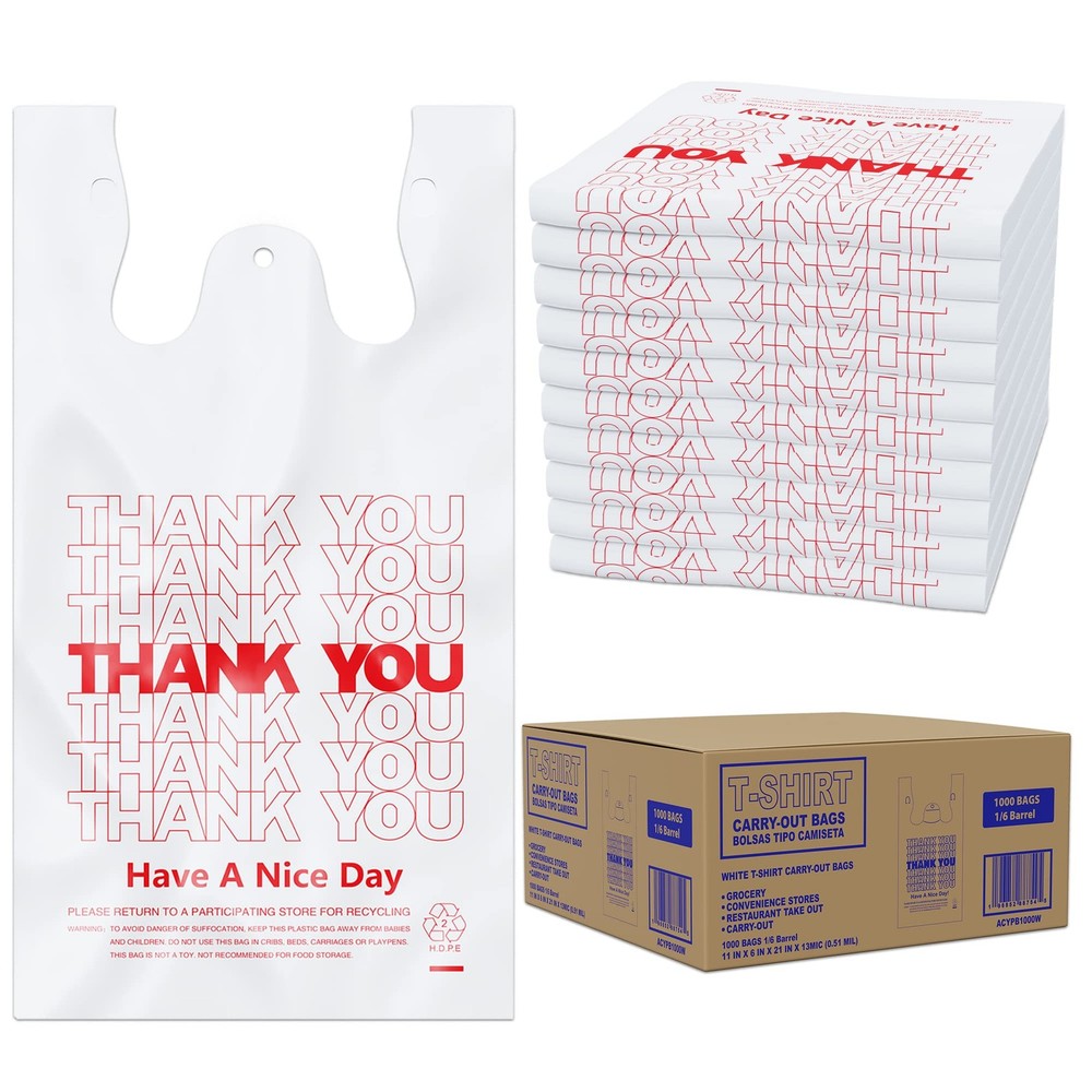 Thank You T-Shirt Bags 1000 Count 11″ x 6″ x 21″ White Plastic Bags