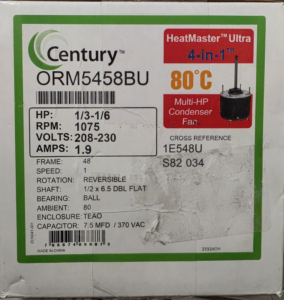 Century ORM5458BU Condenser Fan Motor, 1/3 to 1/6 HP, 1075 RPM