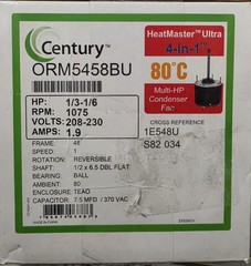 Century ORM5458BU Condenser Fan Motor, 1/3 to 1/6 HP, 1075 RPM