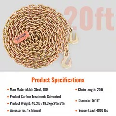 Transport Binder Chain 4,900 lbs. Load Capacity G80 Tow Chain 5/16 in. x 20 ft.