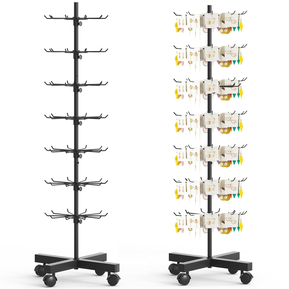 7-Tier Metal Rotating Display Stand With Hooks for Store Snack Jewelry Key Black