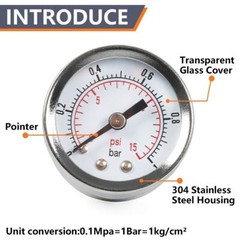 1/8INCH NPT Pressure Gauge 0-15 PSI w/3/8IN Back Mount 1.5IN Face Diameter