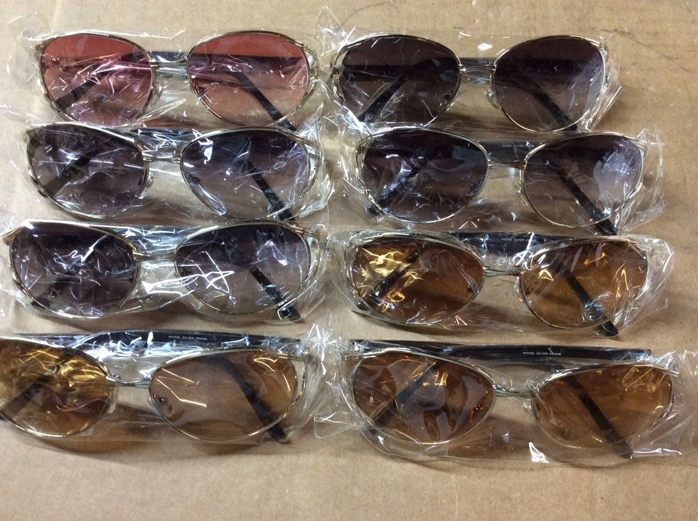 NEW ASSORTED BOX OF SUNGLASSES SUN GLASSES SET OF 8 GLASS COLORED MEDIUM LENS