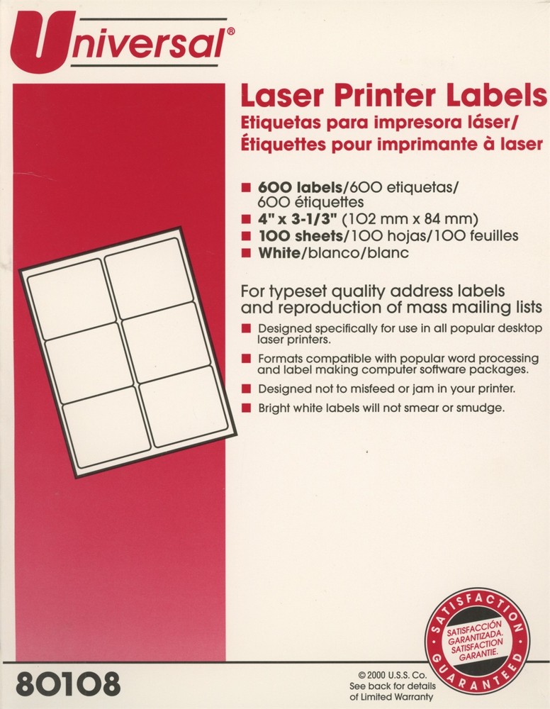 66 Univeral Laser Printer Labels 80108 6 Per Sheet Labels