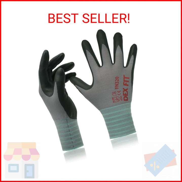 DEX FIT Nylon Work Gloves FN320, 3D Comfort Fit, Power Grip, Lightweight & Breat