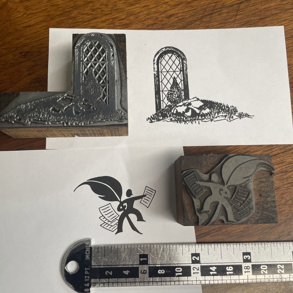 VTG Printing Letterpress Printers Block Cuts WINDOW LANDSCAPE PENMANSHIPlot of 2