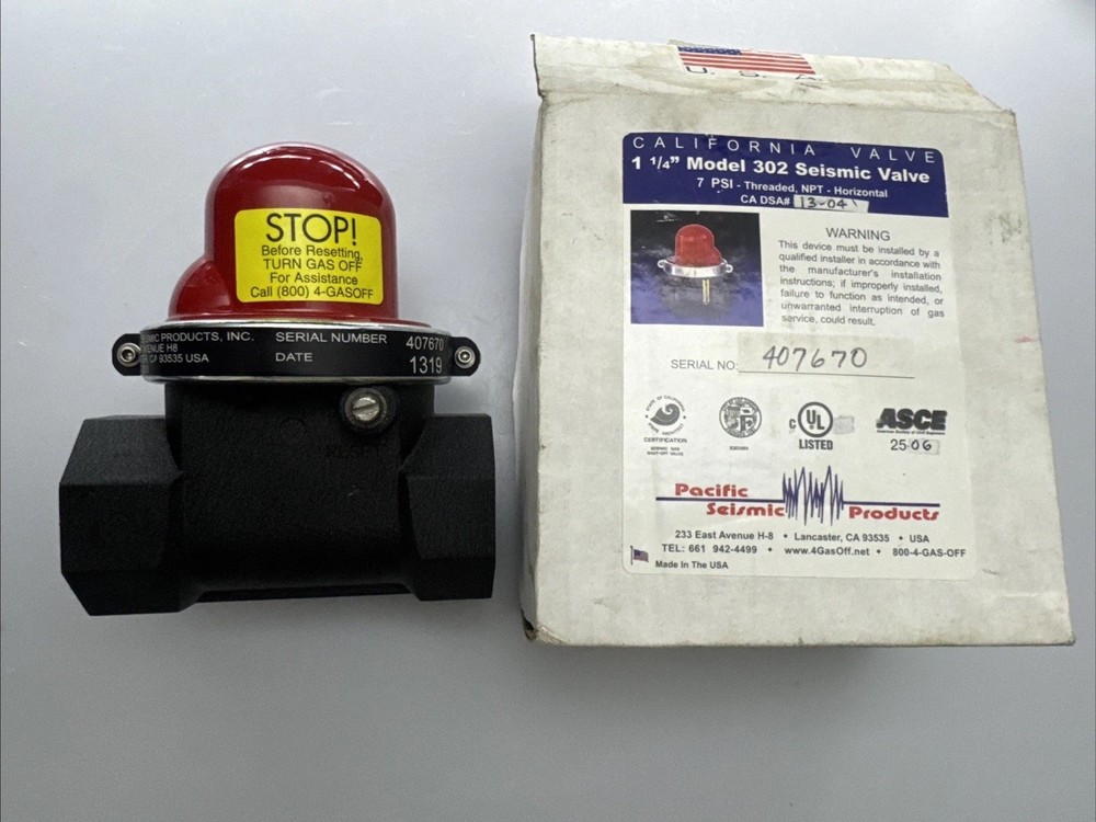 Pacific Seismic 1 1/4” Horizontal Gas Earthquake Valve