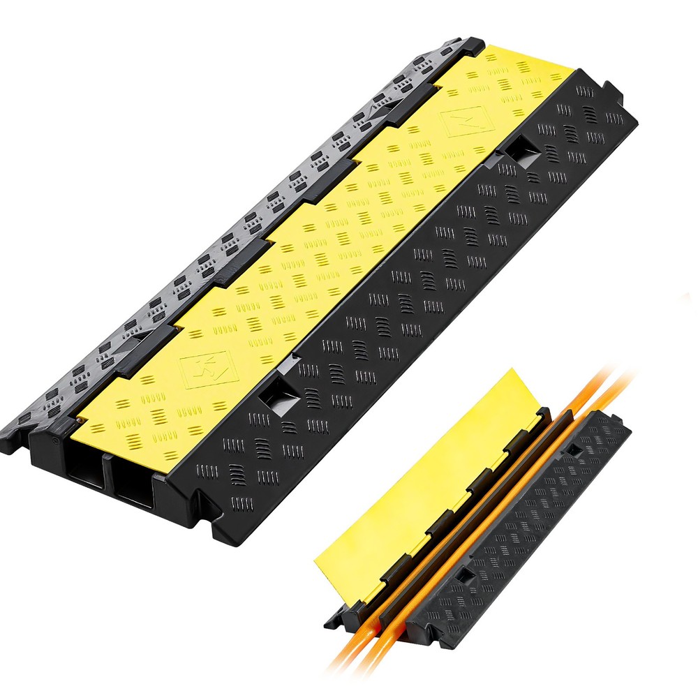 Heavy-Duty Cable Protector Ramp: 22000lb/axle, 2-Channel Rubber, Flip-Top