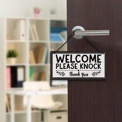 Grey Welcome Please Knock Office Door Signs PVC Do Not Disturb Hanger Plaque