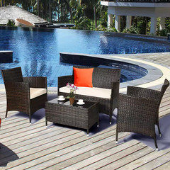 4-Piece Wicker Patio Conversation Furniture Set Sofa Chair with Brown and Grey C