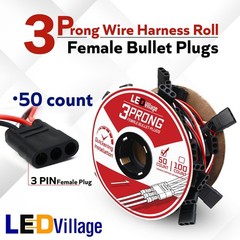 50 Count 3-Prong Female Bullet Plugs Continuous Wire Harness Roll – 6.5″ Lead