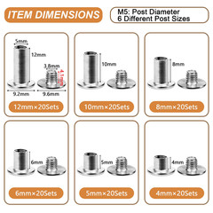 120Sets Chicago Screws, 6 Sizes Leather Rivets Assorted Kit, Chicago Screws Rive