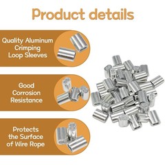 285PCS 8 Sizes Aluminum Crimping Loop Sleeve Cable Crimps, 3/64” 1/16” 5/64”