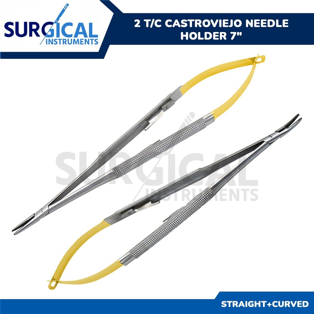 2 T/C Castroviejo Needle Holder 7″ (1 Curved & 1 Straight) Surgical German Grade