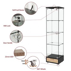 Tempered Glass Antique Curio Display Cabinet with Drawer RGB LED Light 4 Shelves