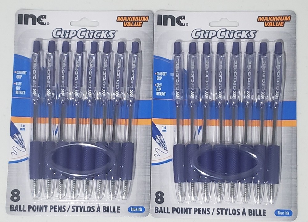 SET OF 2 Inc Clip Clicks Retractable Ball Point Pens 1.0mm 16 Pens ~ Blue Ink