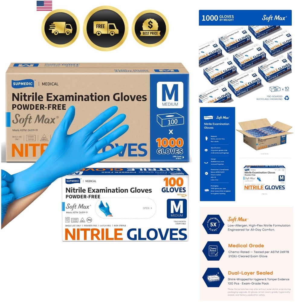Medical Soft Max Nitrile Exam Gloves, 1000 Pcs Latex-Free Powder-Free Food Sa…