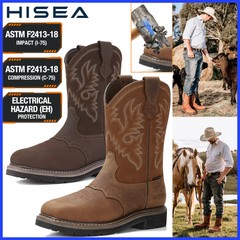 HISEA Men Grain Leather Western Cowboy Boots Steel/Soft Toe Waterproof Work Boot