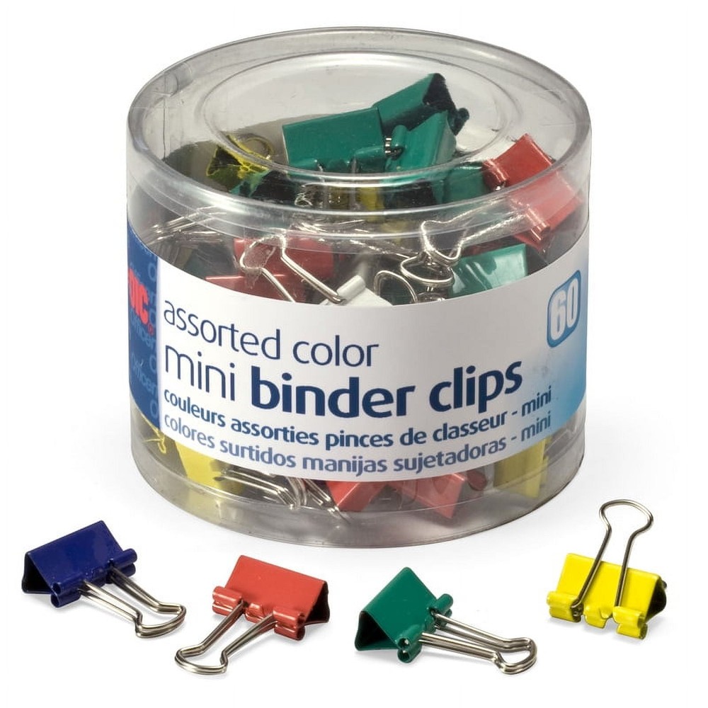 Mini Binder Clips 60 Count Assorted Colors Storage Tub 1/4 Inch Capacity Metal