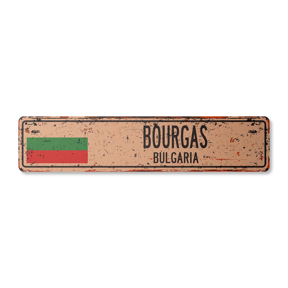 BOURGAS BULGARIA Vintage Street Sign Bulgarian flag city country road rustic