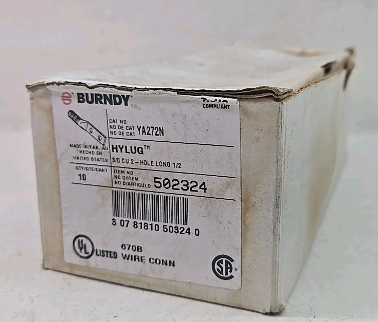 Box of 10 – Burndy YA272N Hylug 502324 – 3/0 AWG CU 2 Hole Compression Lugs