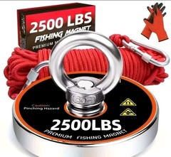 2500lbs Pull Force Strong Magnet Fishing Kit, Includes: Rope, Gloves, Caribiner